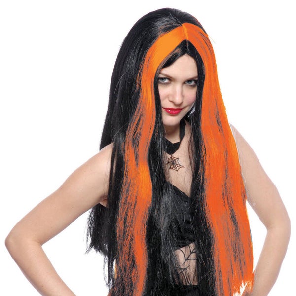 Pruik heks zwart met oranje lok