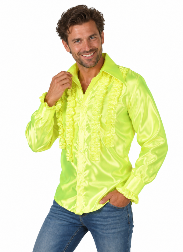 Satijnen Rouches Hemd Neon Geel