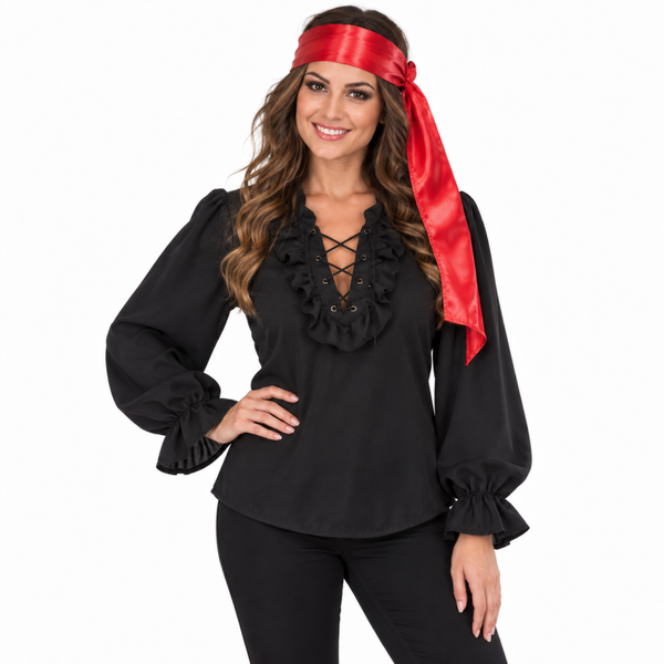 🔥 OUTLET 🔥 Zwarte Piraten Blouse met Rouches