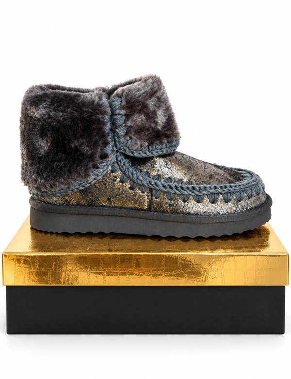 ‼️ LAATSTE MAATJES ‼️ Metallic Eskimo Boots met Zachte Bontkraag Donkergrijs