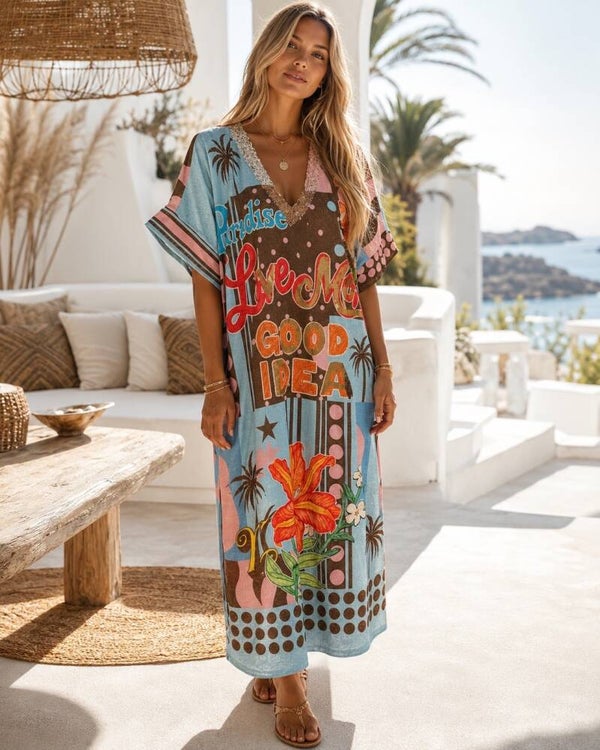 Ibiza maxi jurk “Love Me” Schimmer one Size (tot 48)