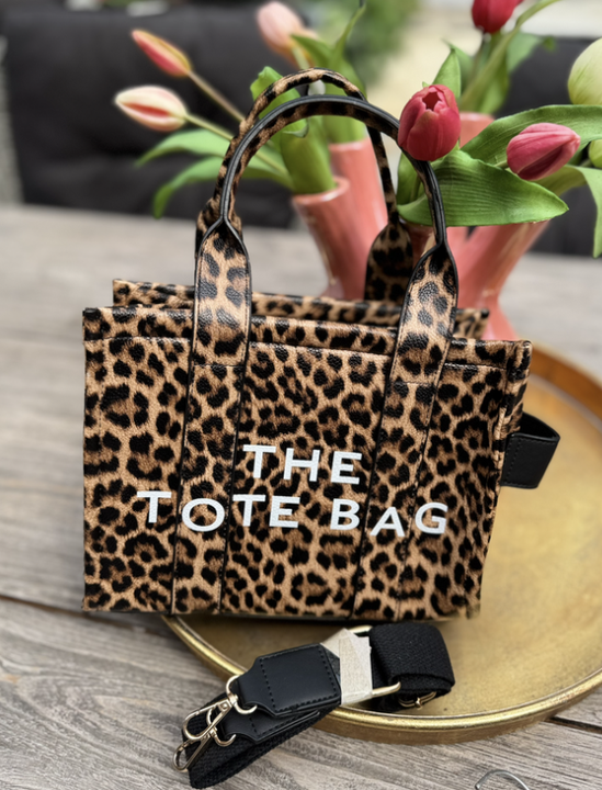 Schoudertas in tote bag-design Bruin Leopard met zw-band