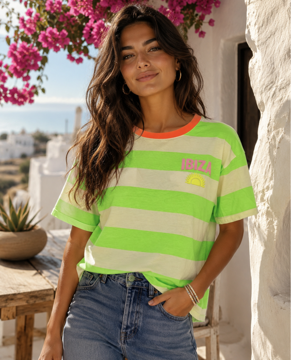 Tshirt Neon Groen met zacht geel gestreept IBIZA os (Past tot mt 44)
