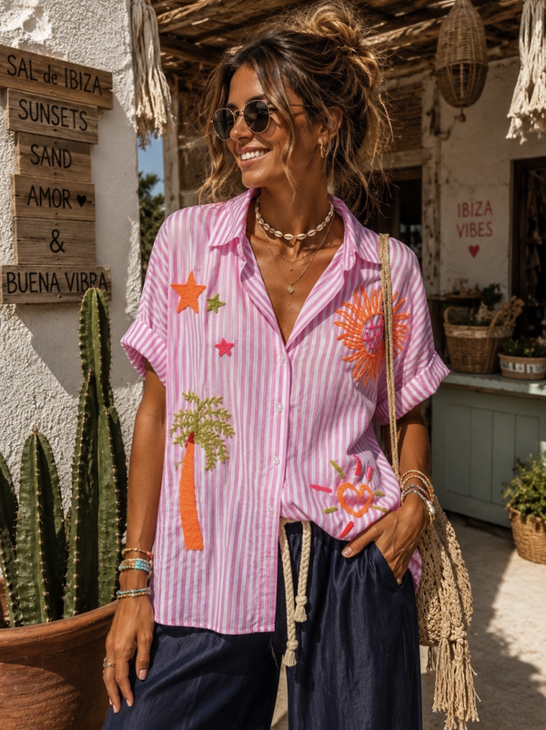 Havana pink stripes Blouse met borduursels OS (tot 48)