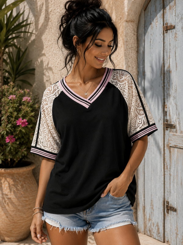 T-shirt met kanten mouwen zwart, Onesize fits to 42