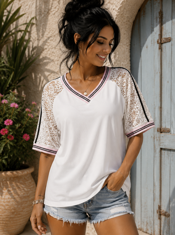 T-shirt met kanten mouwen wit, Onesize fits to 42