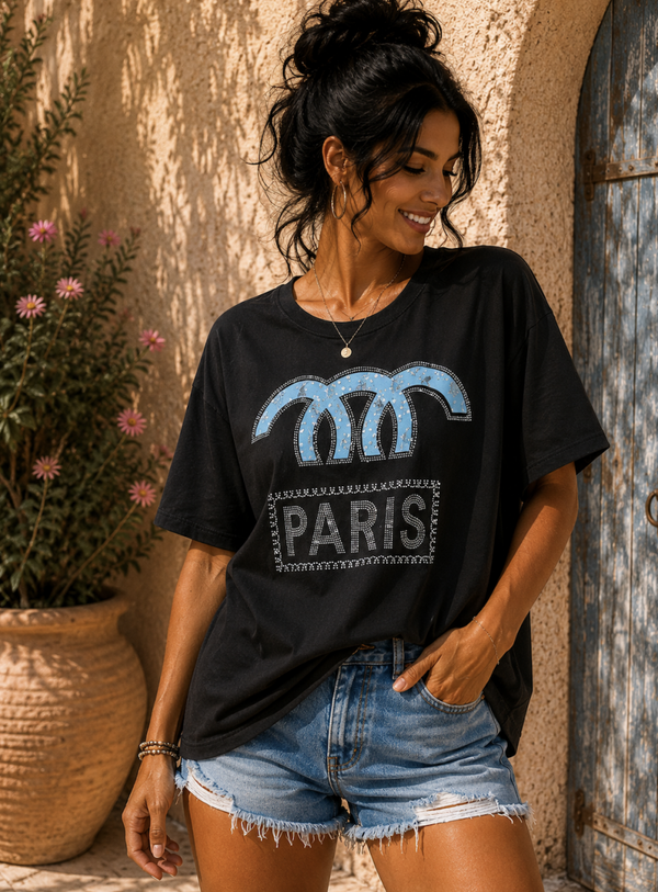 T'Shirt zwart "Paris" met Studds one size past tot mt 40/42