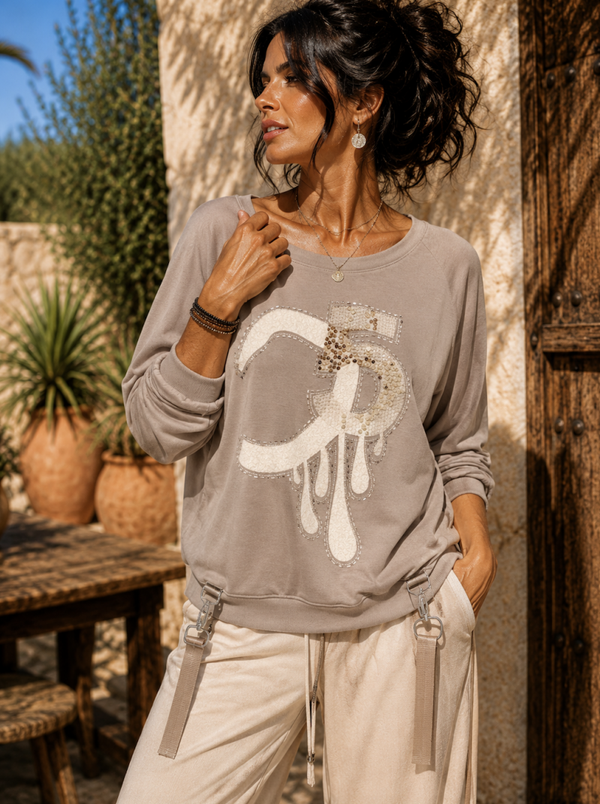 Taupe NO 5 CC Drop Sparkley Fine knit shirt, 1 maat draagbaar t/m 44
