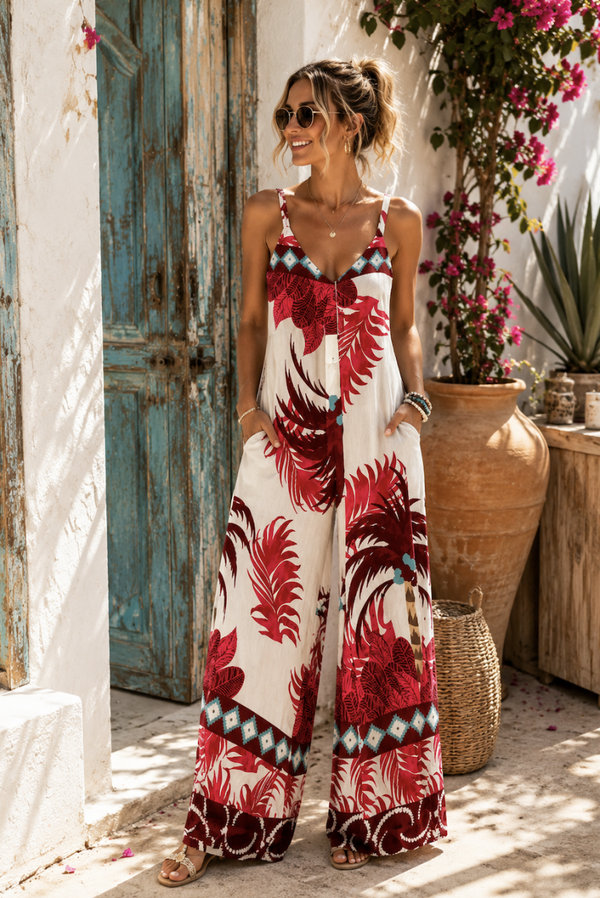 BohoVibes lange jumpsuite met palmboomprint one size fitts most tot 42)