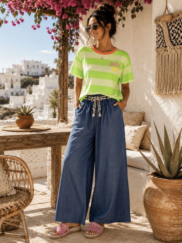 Wijd vallende zomer broek met ceintuur one size (Past tot mt 40)