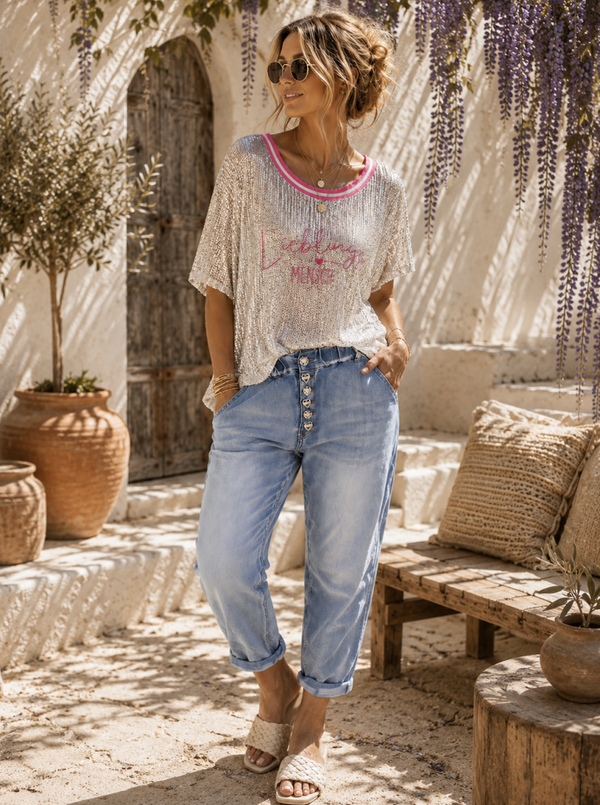 Boyfriendjeans met decoratieve knopen - blauw XL (42/44)