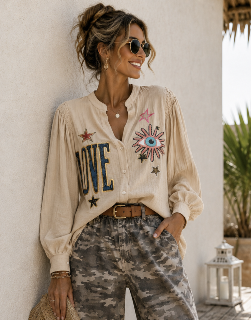 Boho Chic 'LOVE & EYE' Oversized Blouse – Beige