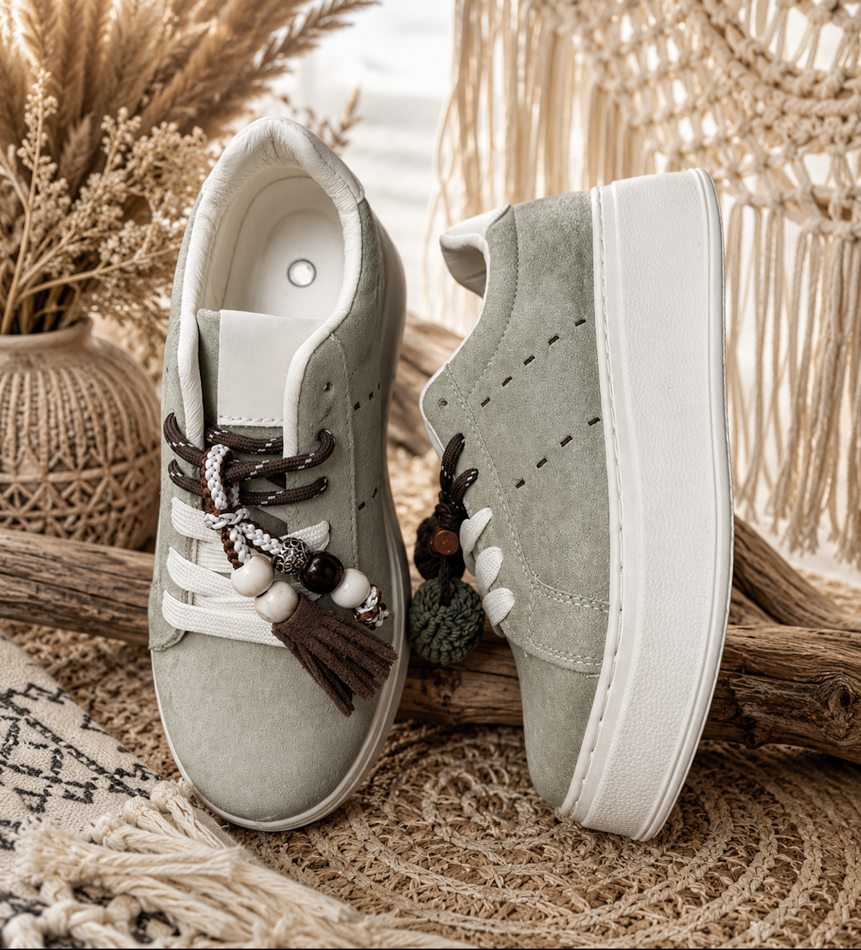 Ibiza Green Suedine Sneakers met Flosjes