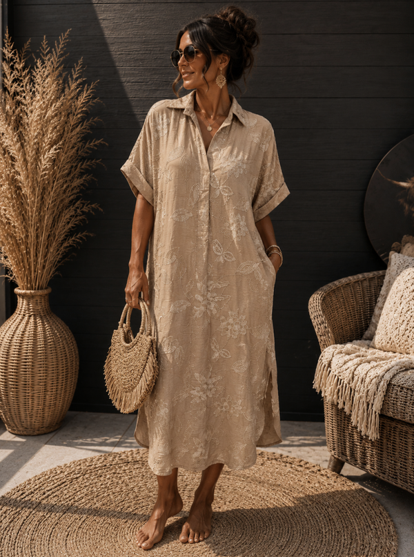 Boho Linnenlook Maxi Jurk met Bloemenborduursel