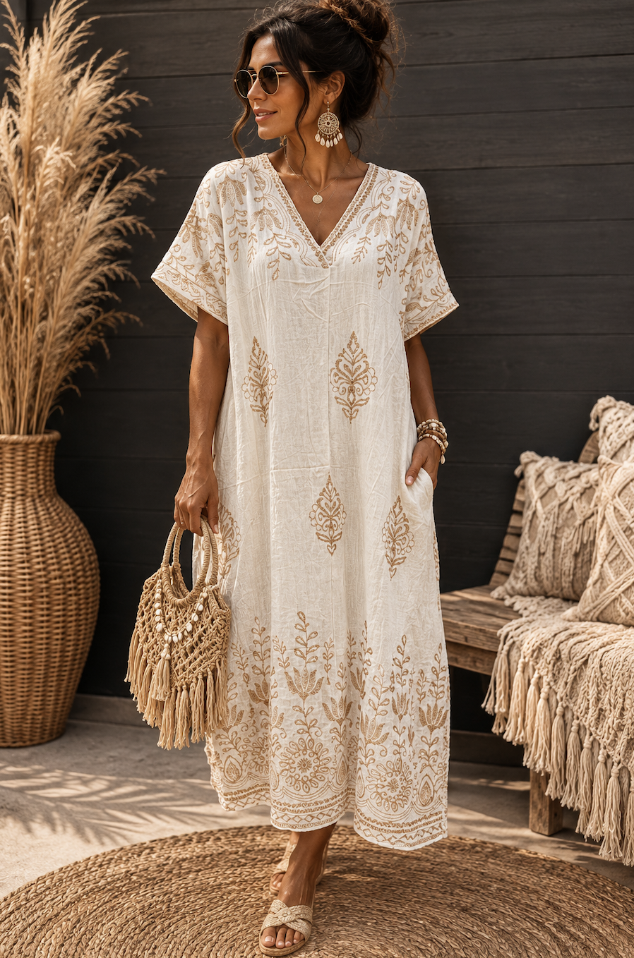 Linnenlook ecru Maxi Jurk