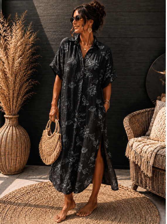 Boho Linnenlook Maxi Jurk met Bloemenborduursel