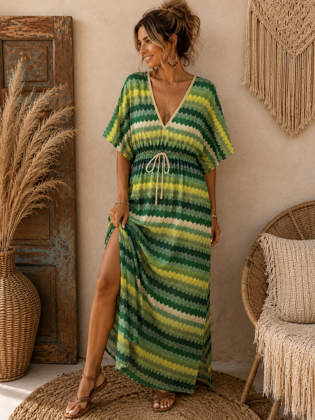 Bohemian Groene Maxi-Jurk met Gehaakte Look & Zigzagprint One size fits up tot mt 50