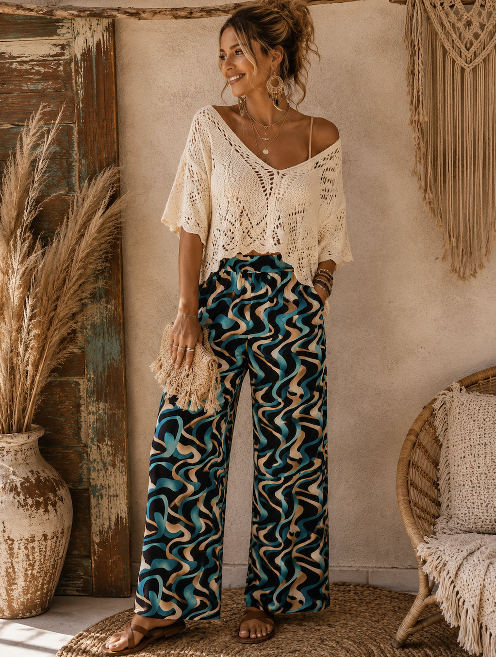 Travel soepele Flared Broek met Retro Wave Print