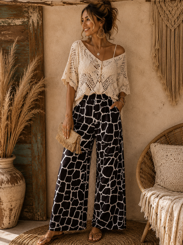 Wijdvallende Soepele Travel Broek met Grafische Giraffe Print