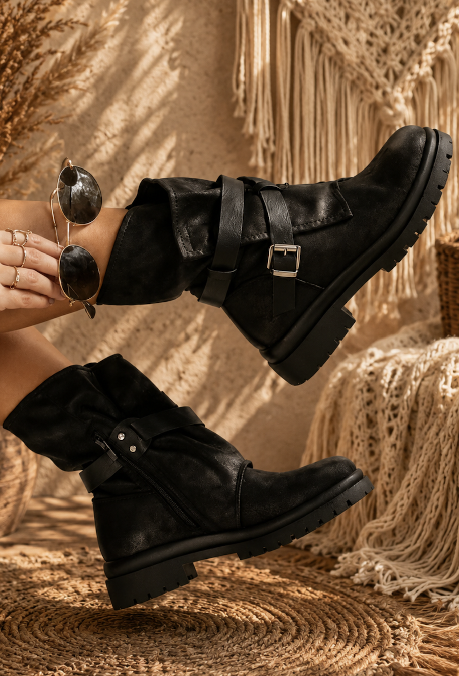 `Gave black biker flap Boots met rits