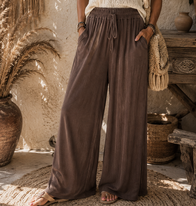 Taupe recht vallende travelstof broek, One size 40 t/m 46