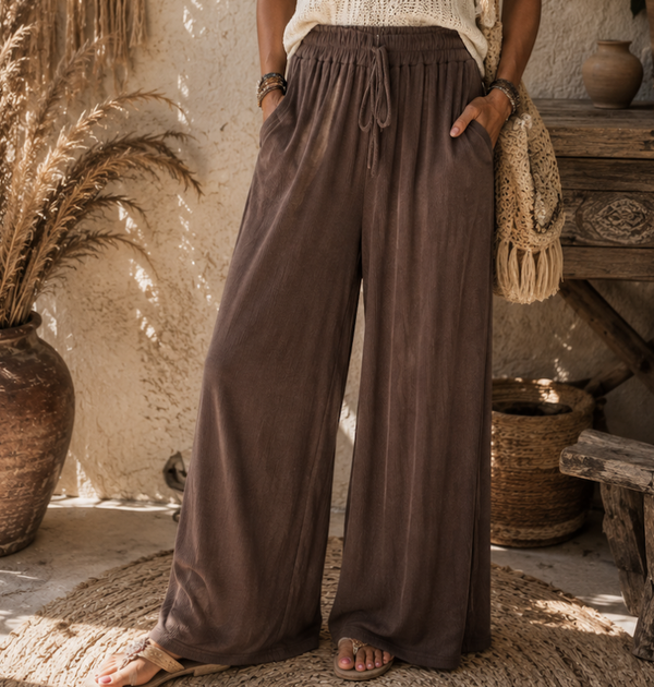 Taupe recht vallende travelstof broek, One size 40 t/m 46