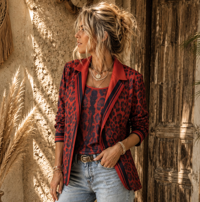 @Missy Korte blazer Leo Animal rood/zwart glitter studs Nieuw XXL (44/46)
