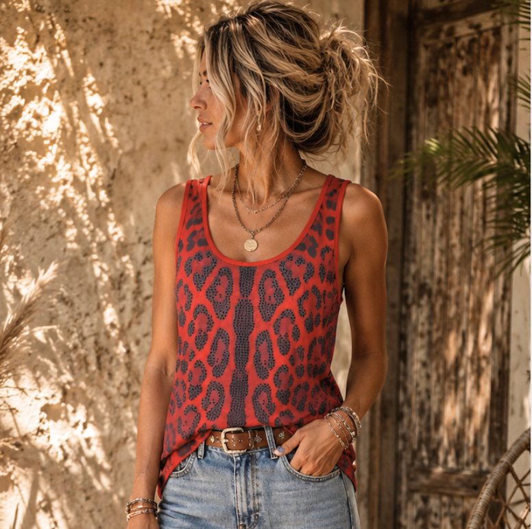@MISSY XL 42 Tanktop Lange Top Leeuw Dierenprint Rood/Zwart Glitter Stud