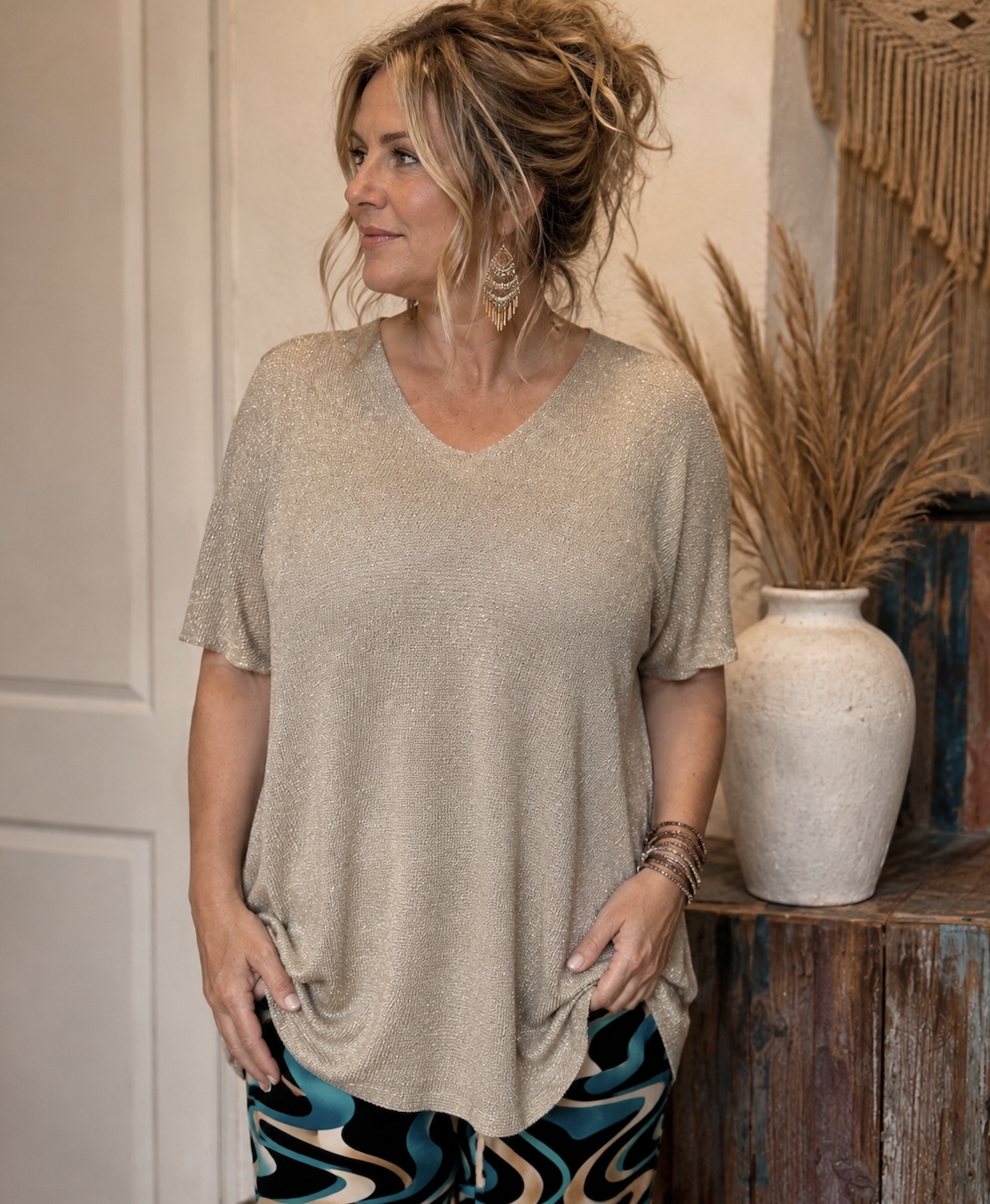 Glitter Knit V-Hals Top Gold One size fits up tp 50