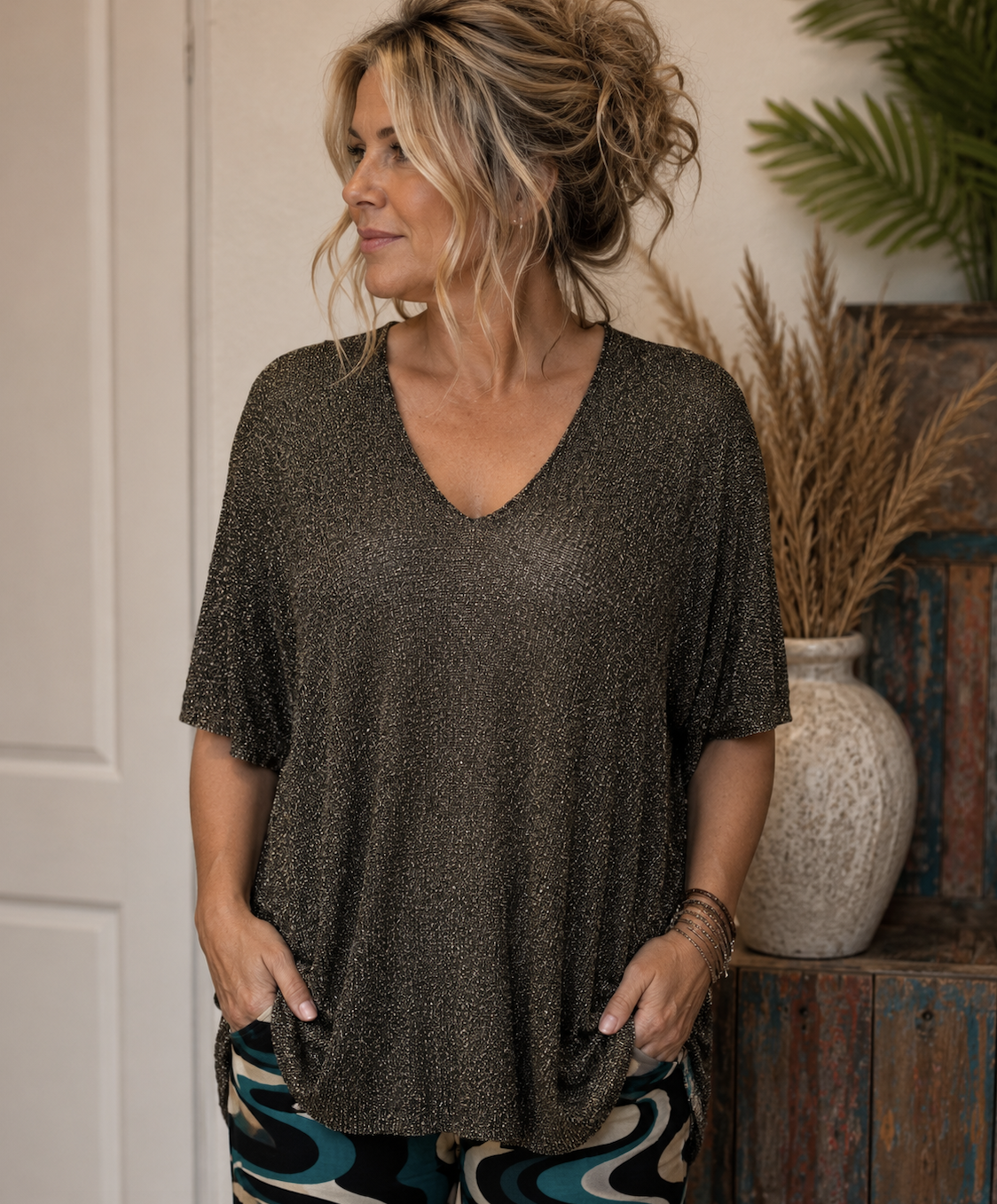 Glitter Knit V-Hals Top Black One size fits up tp 50