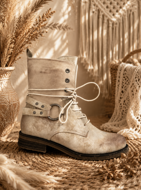 Beige Distressed Suedine Boho Biker Boots