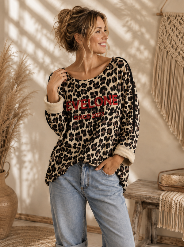 Oversized Panterprint Top "EVELONE" Beige one size passend tot mt 46