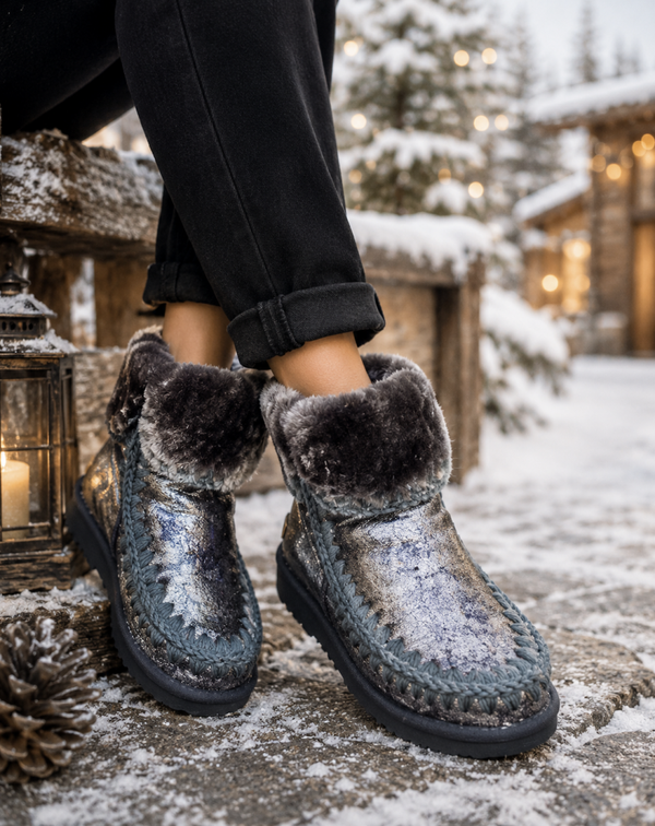 ‼️ LAATSTE MAATJES ‼️ Metallic Eskimo Boots met Zachte Bontkraag Donkergrijs