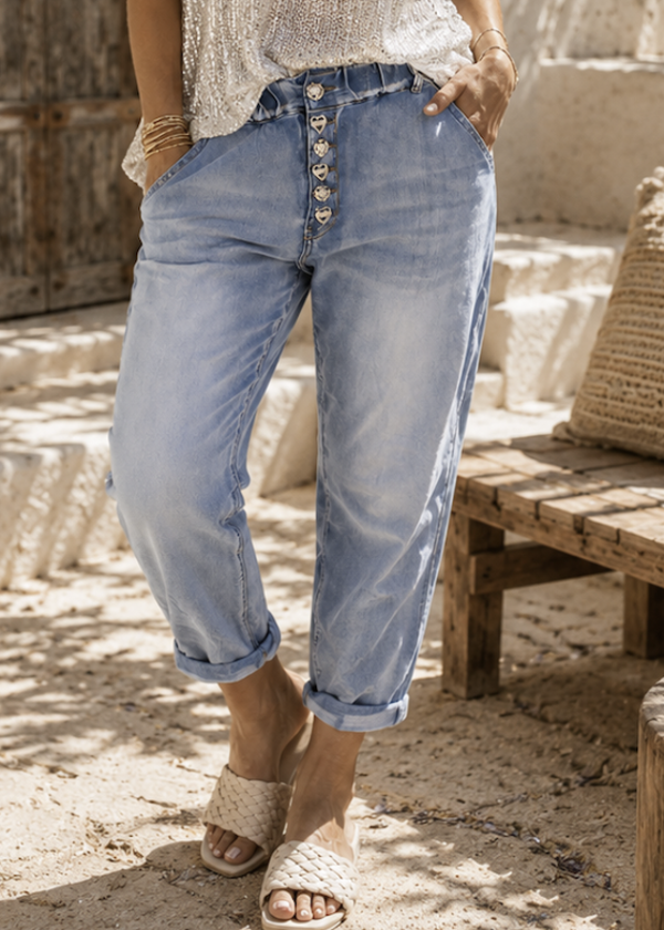 Boyfriendjeans met decoratieve knopen - blauw XL (42/44)