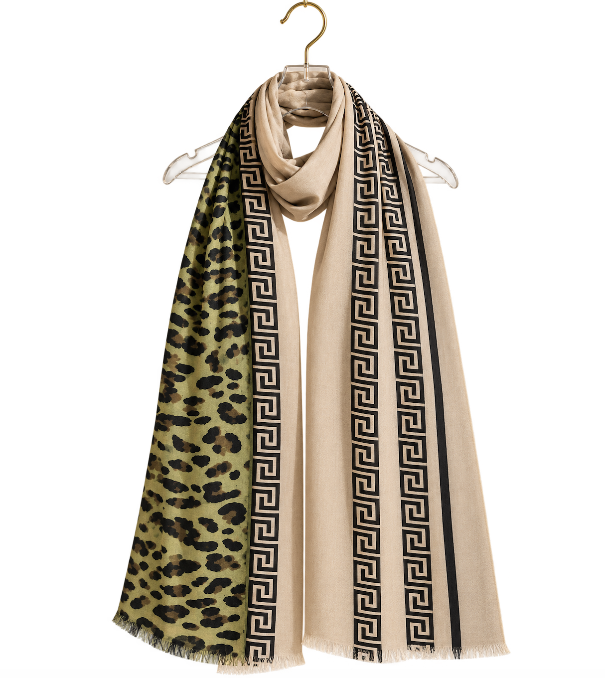 Luxe Dames Sjaal met Panterprint & Griekse Bies – Groen & Beige