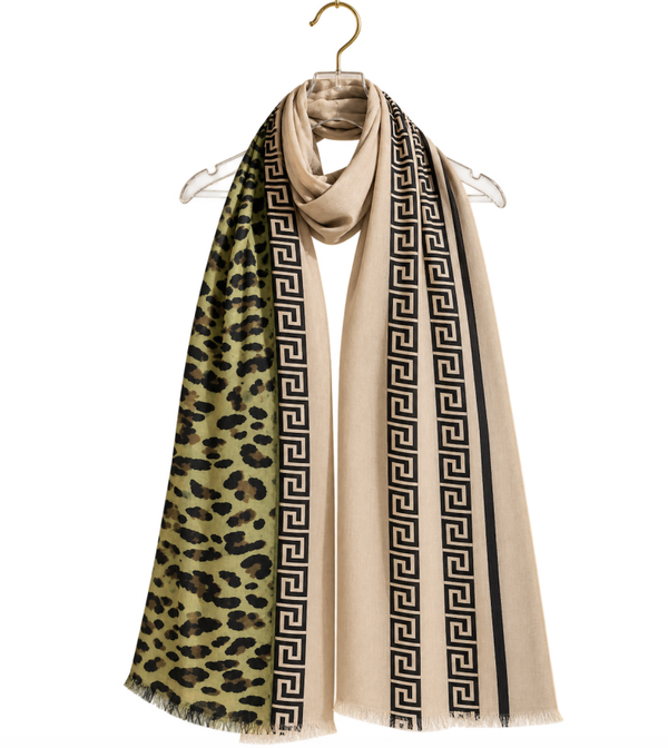 Luxe Dames Sjaal met Panterprint & Griekse Bies – Groen & Beige