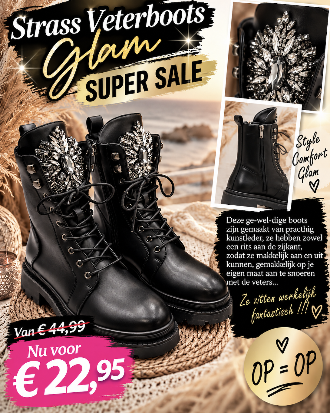 ✨ Stoere Zwarte Chunky Bikers boots met Strass Applicatie