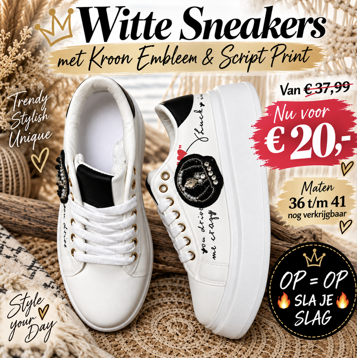 Witte Sneakers met Kroon Embleem & Script Print
