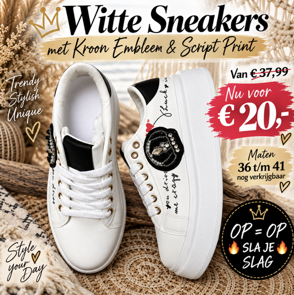 Witte Sneakers met Kroon Embleem & Script Print