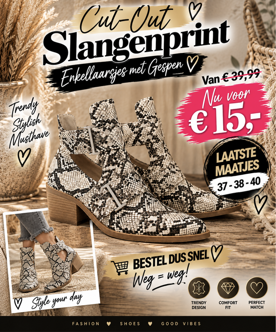 Slangenprint Enkellaarsjes met Gespen