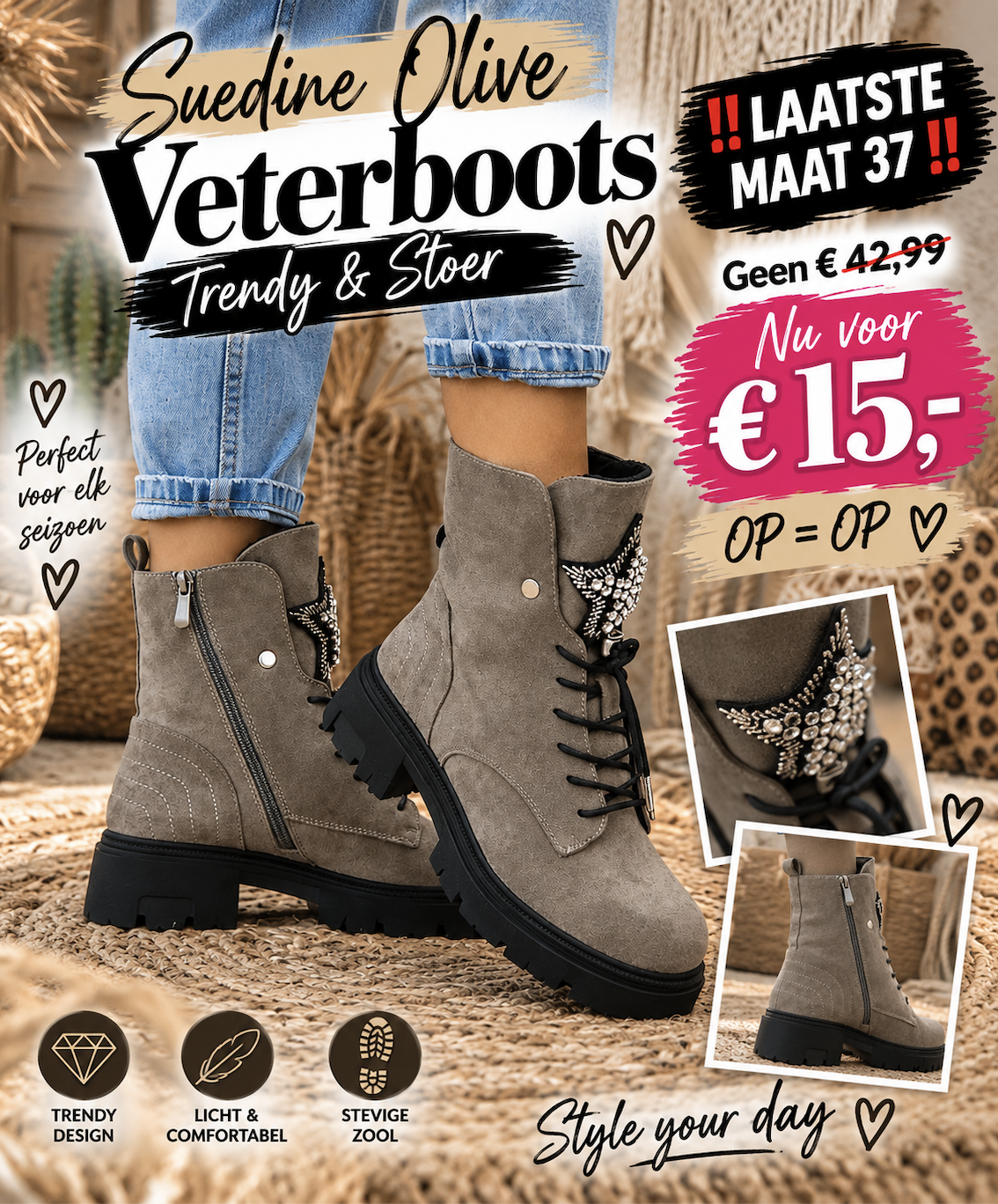 ‼️ LAATSTE MAAT 37 ‼️ Suedine Olive Veterboots