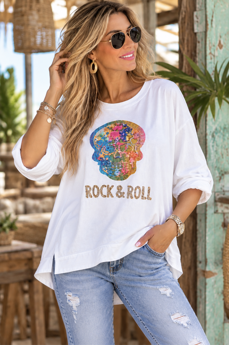 Sweater white met skull van D-Style one size passend tot 46/48