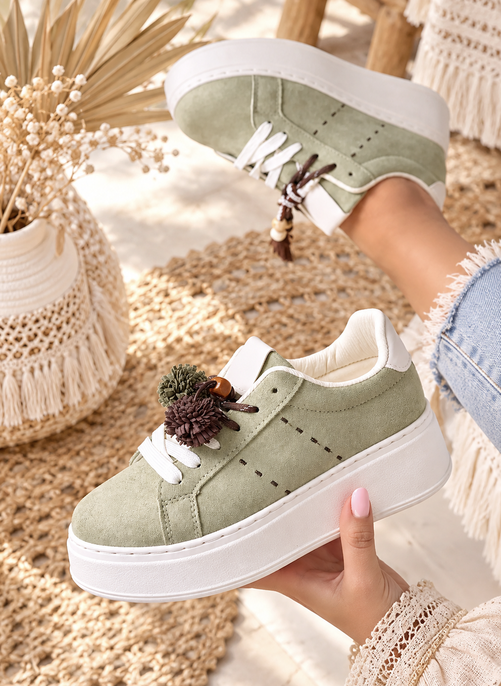 Ibiza Green Suedine Sneakers met Flosjes