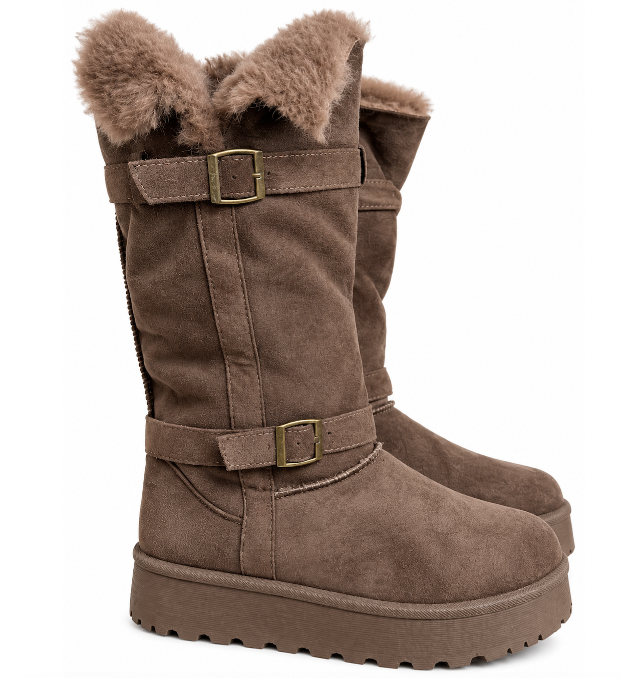 Warme Taupe Dames Suedine Boots met Vachttraag & Gespen