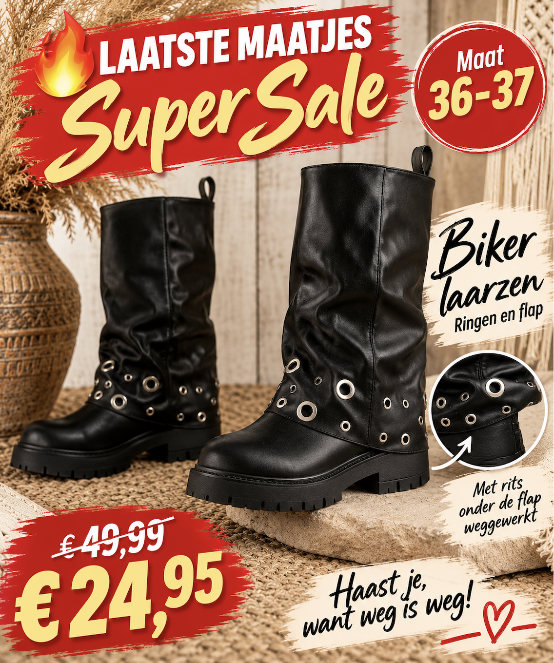‼️ LAATSTE MAATJES ‼️ Biker laarzen Ringen en flap, maat 36 - 37