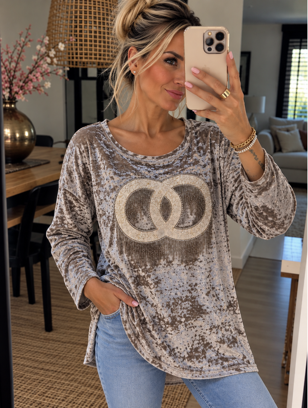 Longsleeve Shimmer met strass, One size (Tot 44/46)