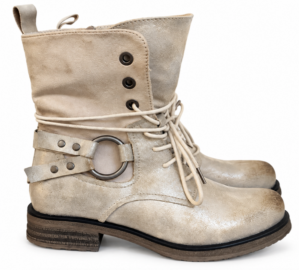 Beige Distressed Suedine Boho Biker Boots
