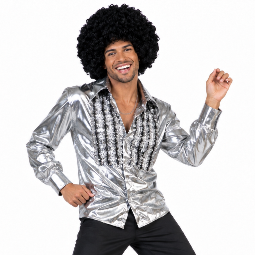 Zilver Metallic Disco Overhemd met Rouches