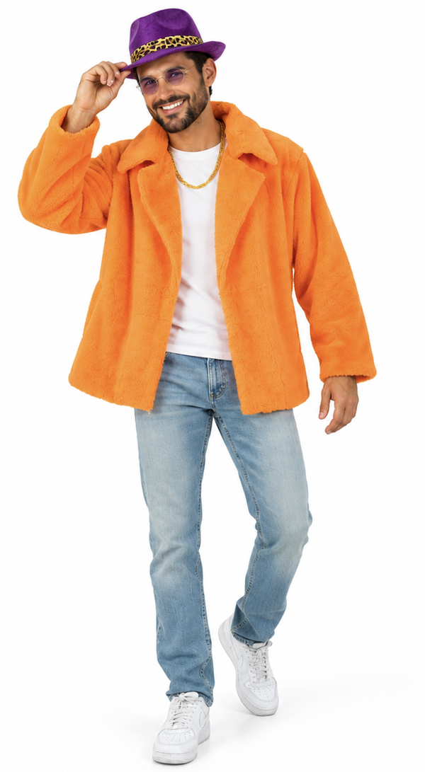 Oranje Fluffy Jas – Opvallende Pluche Pimp & Feestjas.