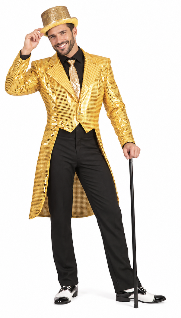 Gouden Glitter Slipjas Heren – Glamour Feestjas & Showman Frack
